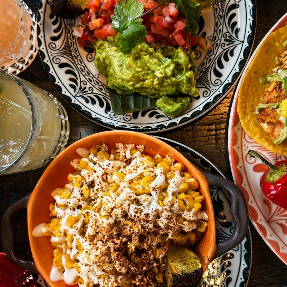 Overhead view of a vibrant Mexican feast with tacos, guacamole, elote, and cocktails.