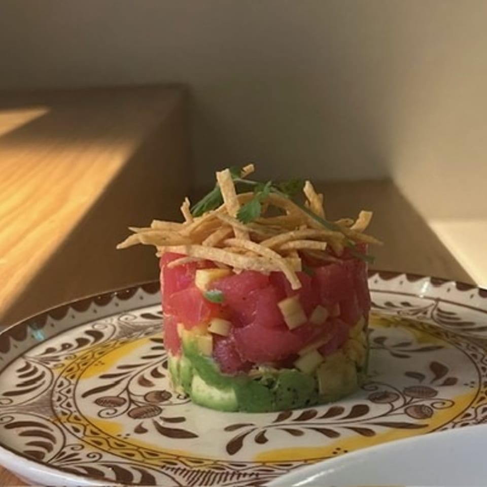 Layered tuna tartare with avocado and vegetables, topped with crispy potato strips on a decorative ceramic plate.