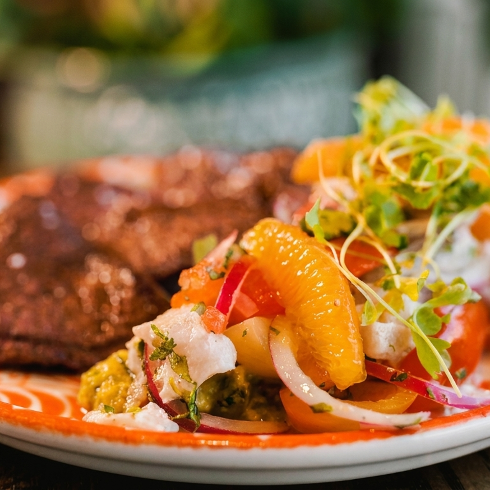 Grilled steak with a vibrant citrus and vegetable salad on an orange-rimmed plate.